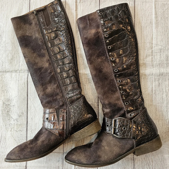 Donald J. Pliner Women 8.5 Brown Gale Knee-High Gator Suede Leather Riding Boots - Picture 1 of 12